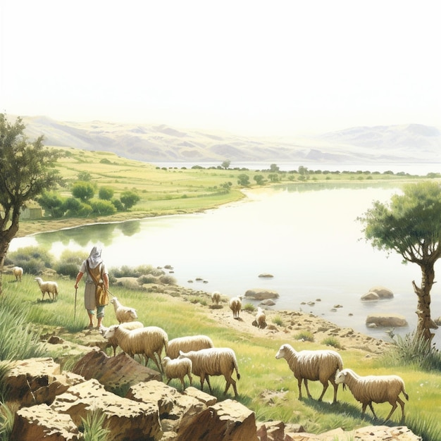 Painting of a man walking with a herd of sheep on a rocky hillside generative ai