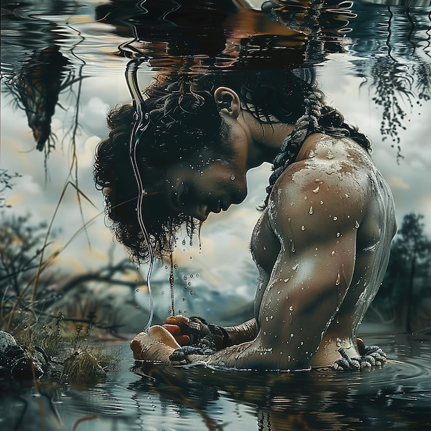 a painting of a man in the water with the words  man  on it