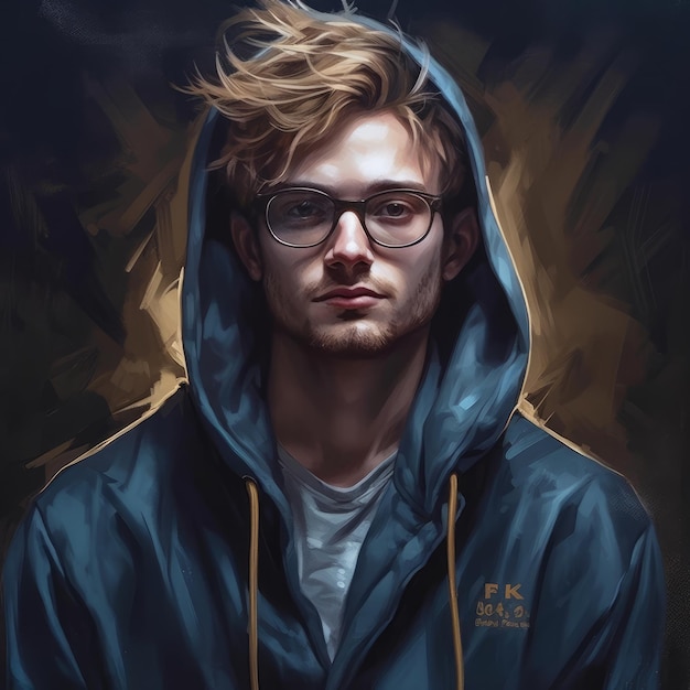 A painting of a man wearing a hoodie that says fk milk.