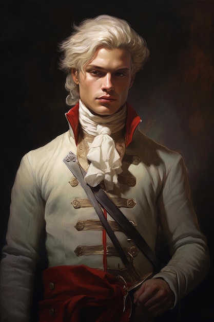 A painting of a man in a white coat with red trim and the word prince on it.