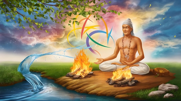 Photo a painting of a man in white sitting in front of a fire with the words no