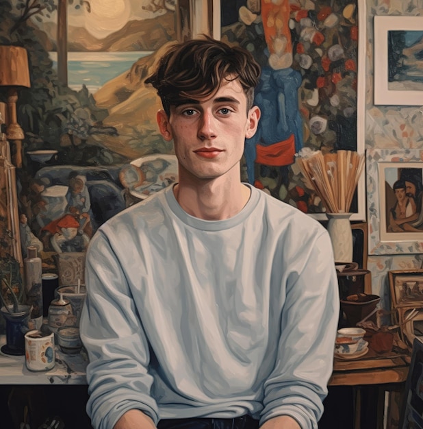 A painting of a man in a white sweatshirt sits in front of a painting of a woman.