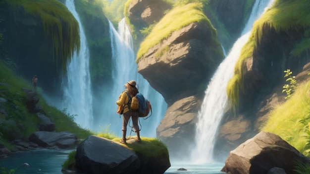 a painting of a man with a backpack on his back in front of a waterfall