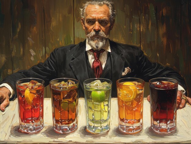 Photo a painting of a man with a beard and a suit with a drink in front of him