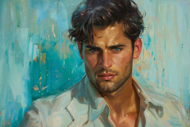 Photo a painting of a man with blue eyes and a white shirt