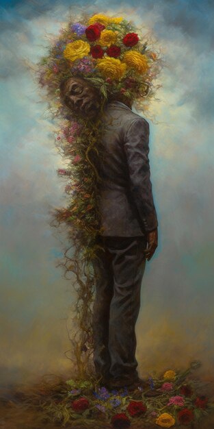 A painting of a man with a bushy head and a man with a hat on his head and a tree with flowers on it.