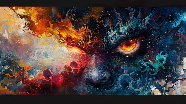 a painting of a man with a fiery eye and a colorful background