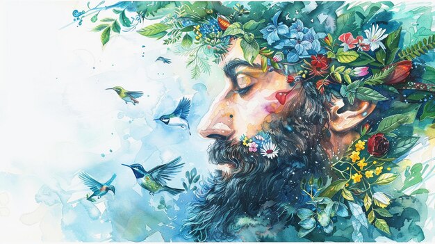 a painting of a man with flowers on his head and the word quot i love you quot