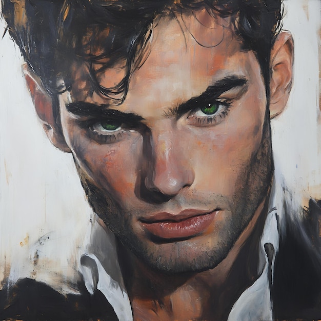 Photo a painting of a man with green eyes and a white shirt