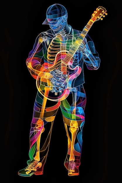 a painting of a man with a guitar and the words quot the skeleton quot on it