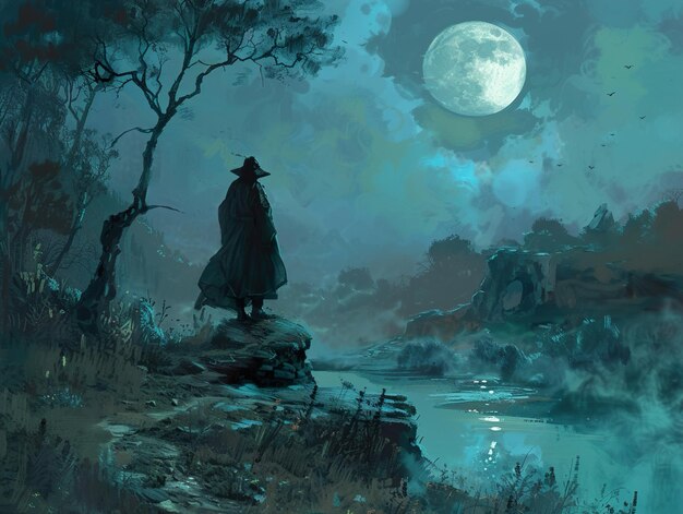 a painting of a man with a hat and a full moon in the background