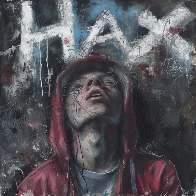 Photo a painting of a man with a hoodie on his head and the word  w  on it