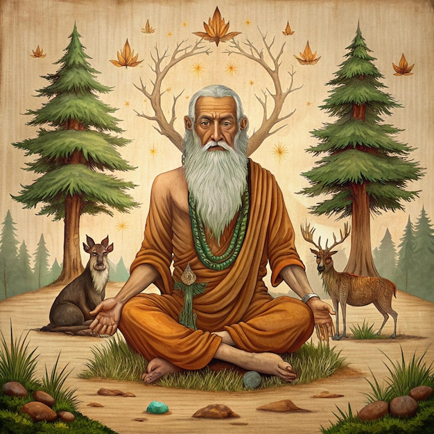 Photo a painting of a man with a long beard and a deer in the background