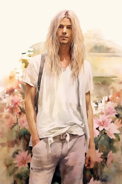 painting of a man with long hair and a white shirt standing in front of flowers generative ai