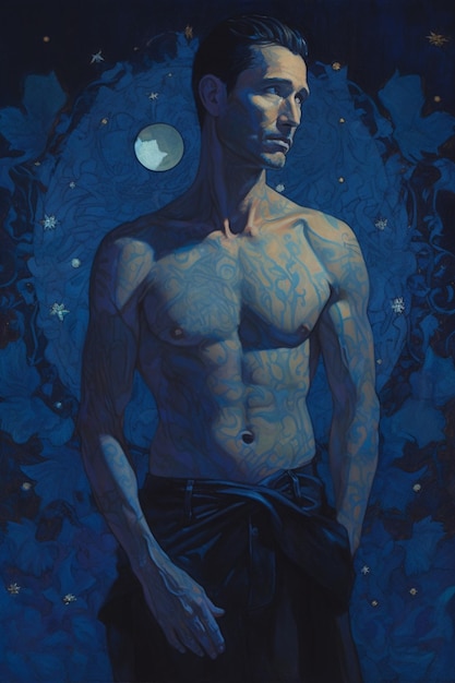 A painting of a man with a moon in the background.