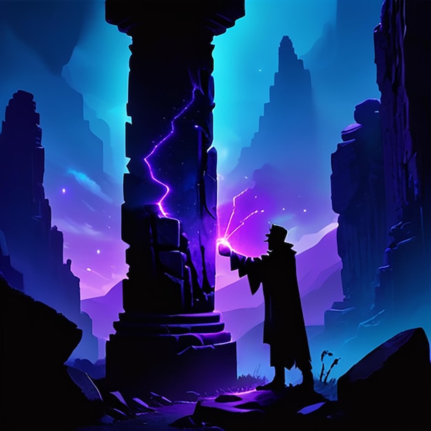 a painting of a man with a sword in his hand and a statue in front of a temple with a lightning bolt in the background