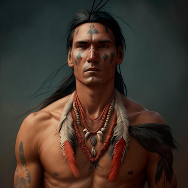 A painting of a man with tattoos on his chest and the words " native " on the left side.