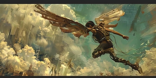 Photo a painting of a man with wings that is flying in the sky