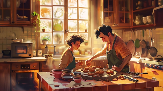 a painting of a man and a woman cooking in a kitchen