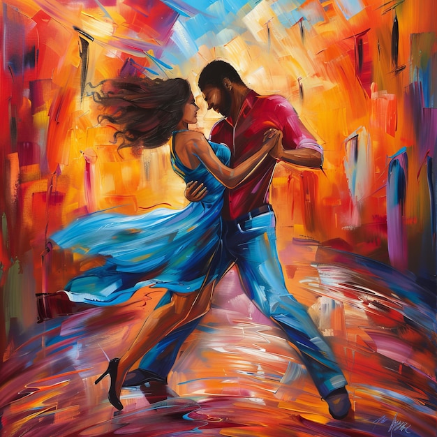 A painting of a man and woman dancing