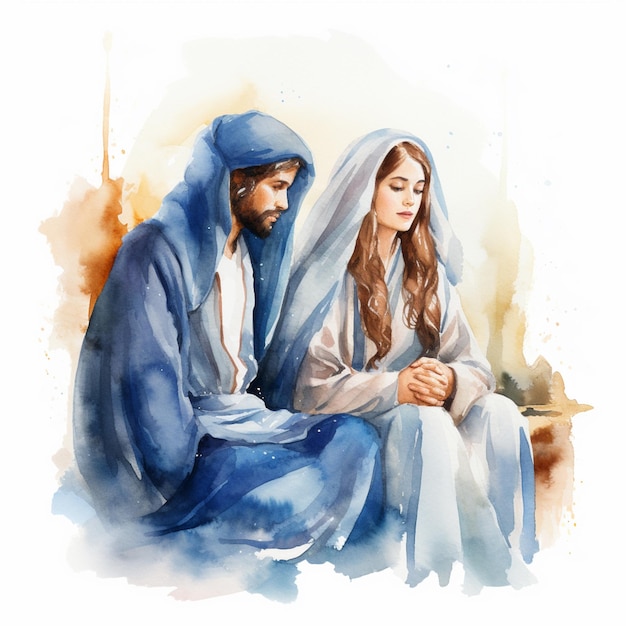 painting of a man and woman sitting on a bench with a blue blanket generative ai