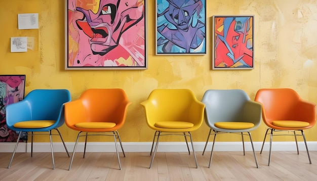 a painting of a man and a woman sitting in a room with colorful chairs