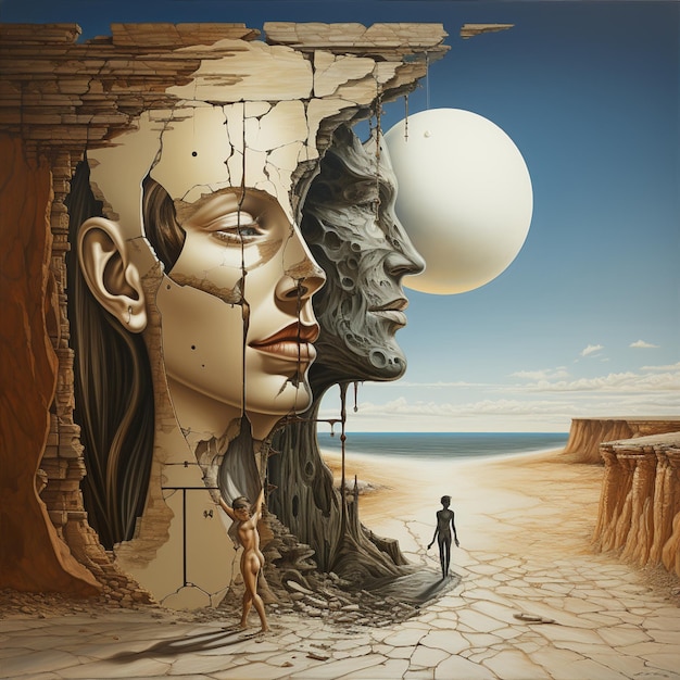 Painting of a man and a woman standing in front of a surreal scene generative ai