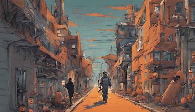 a painting of a man and a woman walking down a street with a sky background