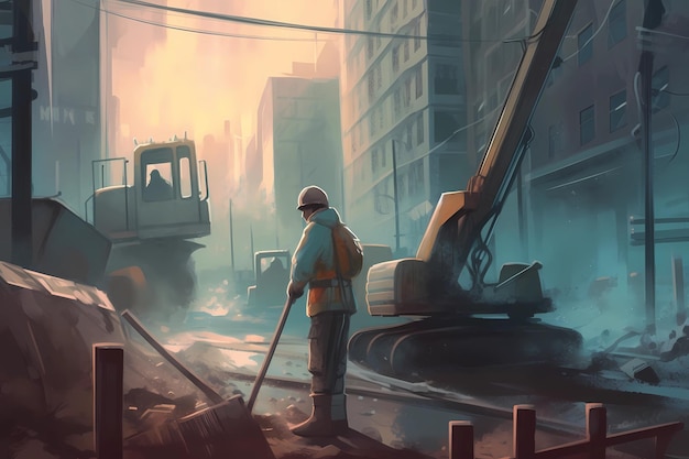 A painting of a man working with heavy machinery at a construction site Generative AI