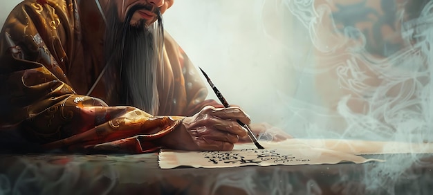 Photo painting of a man writing a letter with a pen and ink