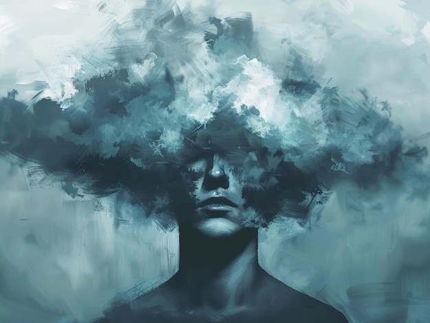 Photo painting of a man39s head covered in clouds representing mental health