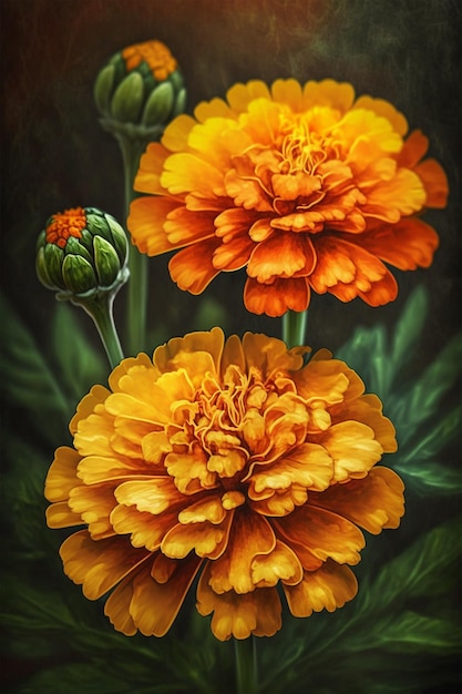 A painting of marigolds with a green background