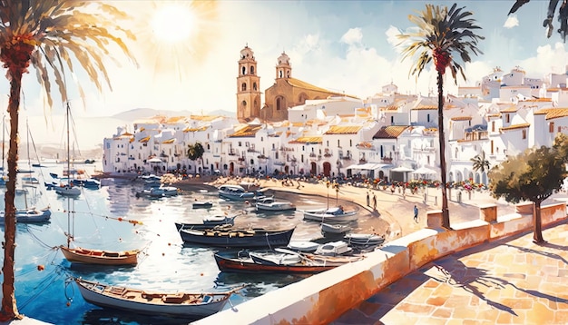 A painting of a marina with a church in the background.