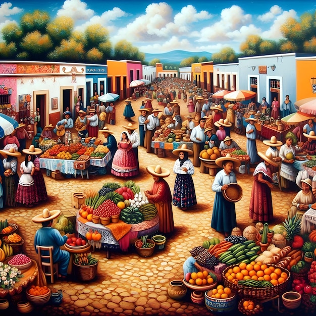 a painting of a market with a lot of fruits and vegetables Mexico ai generator