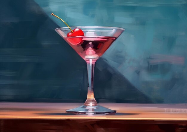 painting of a martini with a cherry in it sitting on a table generative ai