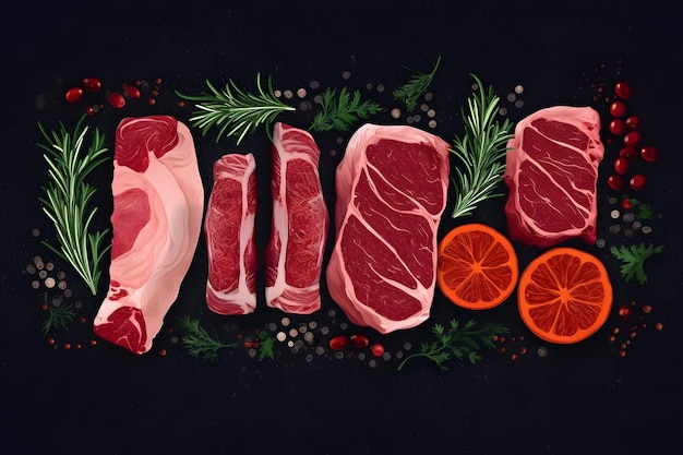 A painting of meats on a black background