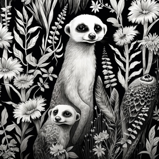 painting of a meerkat and two baby meerkats in a field of flowers generative ai