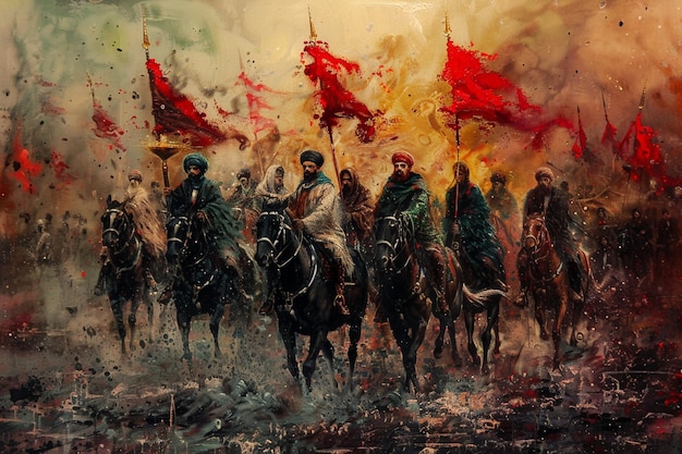 Photo a painting of men on horses with a red flag in the background