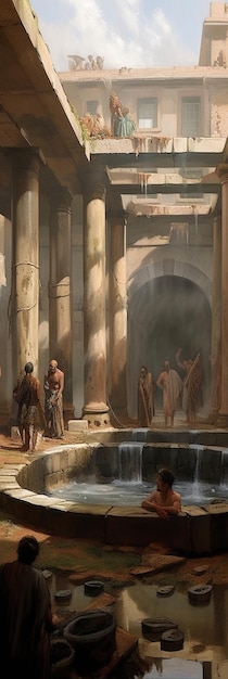 a painting of men standing in front of a water feature.