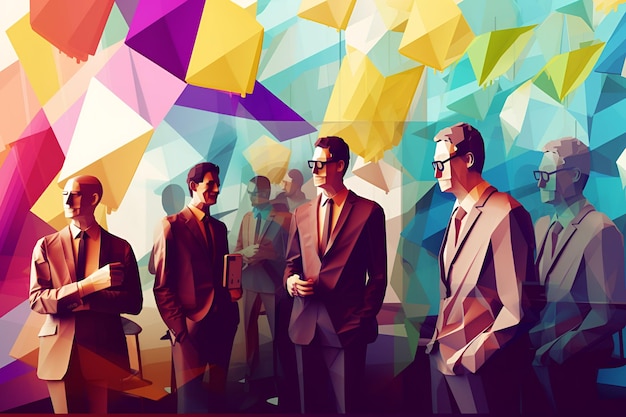 A painting of men in suits and ties with a colorful background.