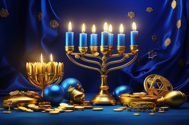 a painting of a menorah with a blue flag and gold candles