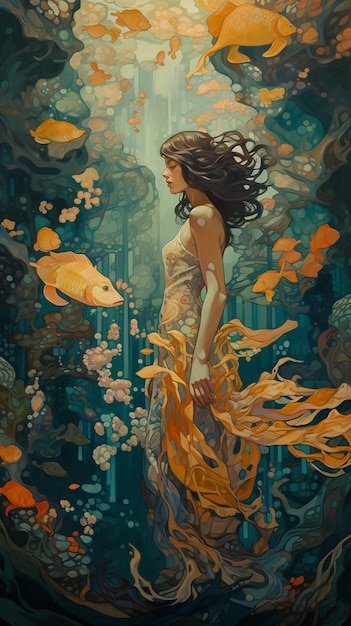 A painting of a mermaid in a sea of gold.