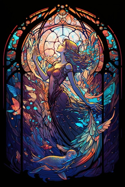 A painting of mermaid in stained glass window generative ai