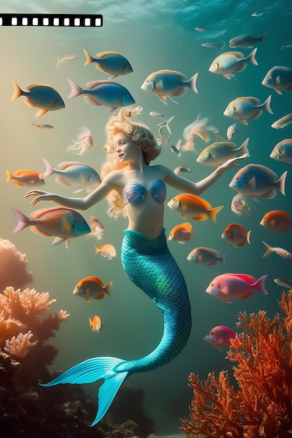 a painting of a mermaid with a mermaid and fish