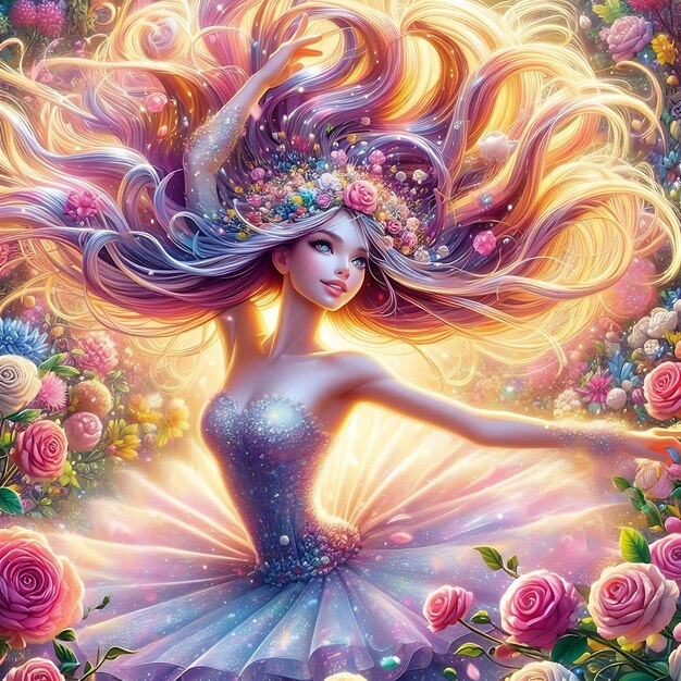 Photo a painting of a mermaid with a purple hair and a blue dress with flowers in the background