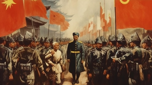 A painting of a military parade with the chinese flag on the left.