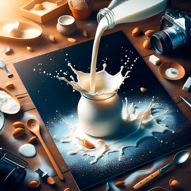 Photo a painting of milk being poured into a white bucket