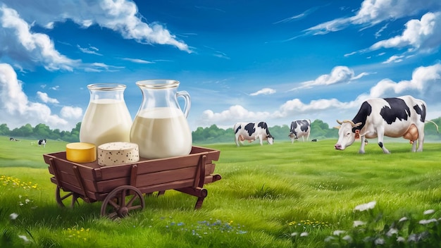 a painting of milk and a cart with cows in the background