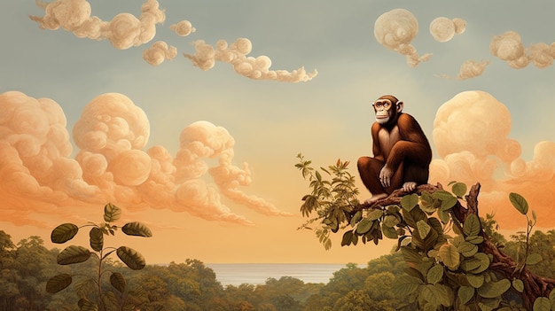 Painting of a monkey sitting on a tree branch in a jungle generative ai