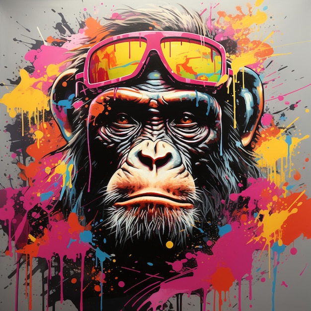 Painting of a monkey wearing headphones and sunglasses with paint splatters generative ai